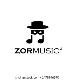 logo music zorro super hero of note 
in hat and mask on a white  background vector, isolated, cute, illustration, background, design, graphic, white, face, symbol, sign, silhouette, idea, creative,art