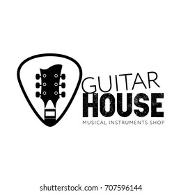 Logo for musical instruments shop, music studio, music school, store. Guitar neck isolated plectrum shape