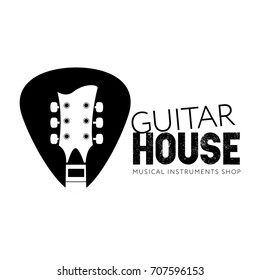 Logo for musical instruments shop, music studio, music school, store. Guitar neck isolated plectrum shape