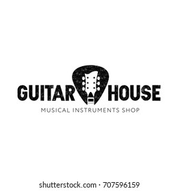 Logo For Musical Instruments Shop, Music Studio, Music School, Store. Guitar Neck Isolated Plectrum Shape