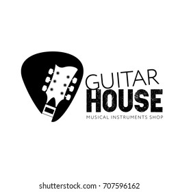 Logo for musical instruments shop, music studio, music school, store. Guitar neck isolated plectrum shape