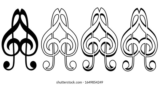 Logo musical love sign icon two treble keys form a heart, vector logo music lover heart from a treble key