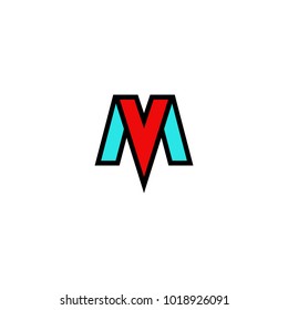Logo MV letters elegant flat emblem, combination tech initials M and V, blue and red symbols VM mark stylish construct