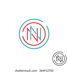 Logo N letter mockup monogram, round border two nn symbol, red and blue intersection thin line design element