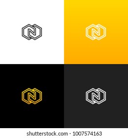 Logo N with rhombus. Linear logo of the letter n for companies and brands with a yellow gradient. Set of minimalistic monogram design.