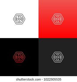 Logo N in rhombus. Linear logo of the letter n and rhomb for companies and brands with a red gradient. Set of minimalistic monogram design.