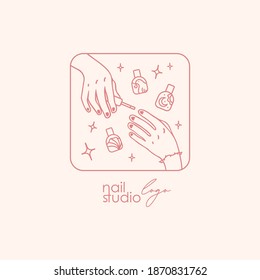 Logo para estudio de uñas y belleza. Imagen del proceso de manicura. Arte de línea.