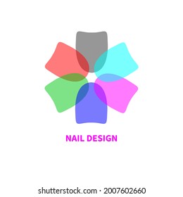 Logo for nail salon in shape of flower made of nails. Color icon for spa. Colorful pastel nail polish. Female beauty symbol.