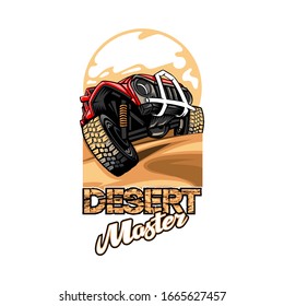 Logo with the name Desert Master with SUV overcoming the hills.