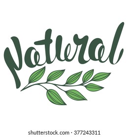 Logo Natural with leaves, natural product, organic, healthy food. Organic food badge in vector (cosmetic, food). Lettering Natural