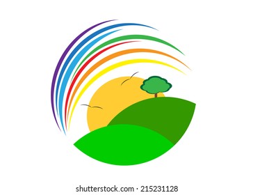 logo. The nature in a sphere, a rainbow, a tree and the sun with birds