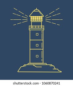 Logo navigation beacon. Lighthouse tower line art vector. An icon for website.Burning sea, ocean searchlight.