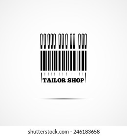 Logo with a needle and a bar code for sewing business. Vector illustration.