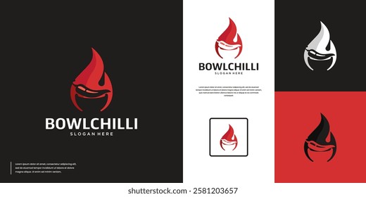 logo with negative space bowl and chili, flames, spicy, food, graphic design illustration.