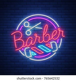 Logo, a neon sign for a hairdresser and barbershop. Emblem, neon style label. Bright advertising billboard advertising banner, luminous banner. Vector illustration.