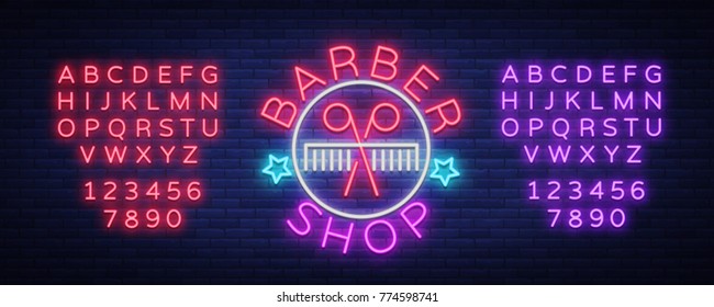 Logo, neon sign hairdresser and barbershop. Emblem, neon style label. Bright advertising billboard advertising banner, luminous banner. Vector illustration. Editing text neon sign. Neon alphabet