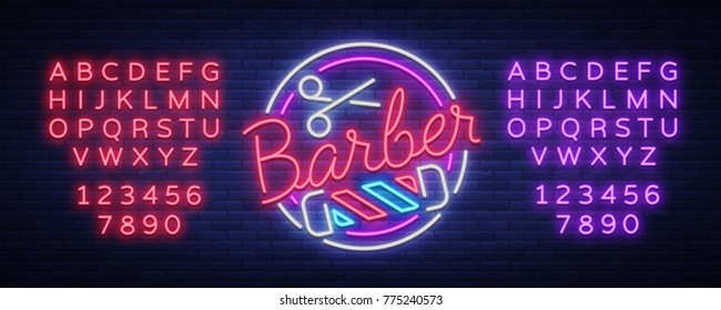 Logo, peluquería de neón y barbería. Emblema, etiqueta de estilo neón. Pancarta publicitaria brillante, banner luminoso. Ilustración vectorial. Edición del signo de neón de texto. Alfabeto neón