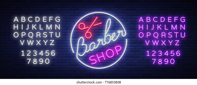 Logo, neon sign hairdresser and barbershop. Emblem, neon style label. Bright advertising billboard advertising banner, luminous banner. Vector illustration. Editing text neon sign. Neon alphabet