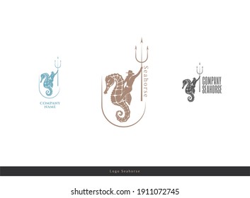 Logo neptune or poseidone on seahorse like a cowboy with trident. Isolated vintage marine logotype.