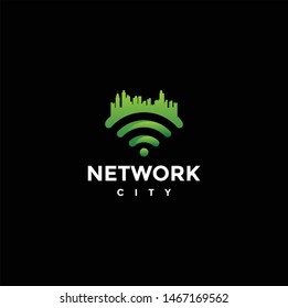 logo network city on isolated black background.
