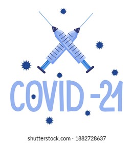 A logo for a new, mutated form of coronavirus, covid 2021. Vector illustration with a cross made of syringes.