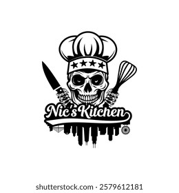 Logo Nic's Kitchen with skull vintage and skyline City Design vector