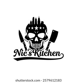 Logo Nic's Kitchen with skull vintage and skyline City Design vector