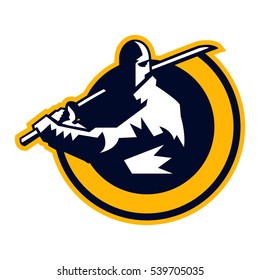 Logo Ninja. The warrior in the shade. The sword and shield. Vector illustration. Flat style