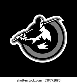 Logo Ninja. The warrior in the shade. The sword and shield. Black and white color sticker. Vector illustration. Flat style
