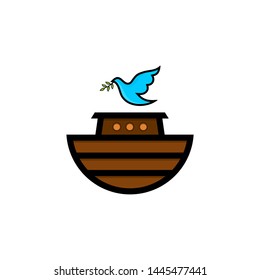 Logo of Noah's Ark. Dove with a branch of olive. Ship to rescue animals and people from the Flood. Biblical illustration.