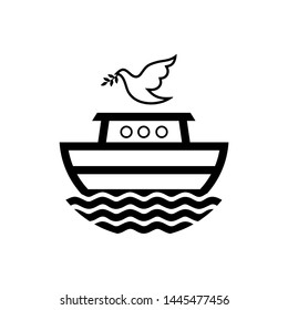 Logo of Noah's Ark. Dove with a branch of olive. Ship to rescue animals and people from the Flood. Biblical illustration.