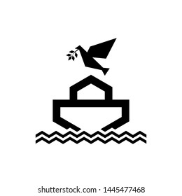 Logo of Noah's Ark. Dove with a branch of olive. Ship to rescue animals and people from the Flood. Biblical illustration.