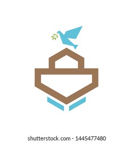 Logo of Noah's Ark. Dove with a branch of olive. Ship to rescue animals and people from the Flood. Biblical illustration.