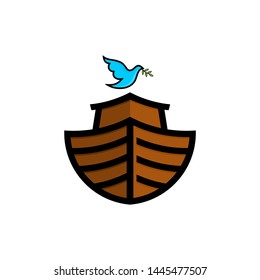 Logo of Noah's Ark. Dove with a branch of olive. Ship to rescue animals and people from the Flood. Biblical illustration.