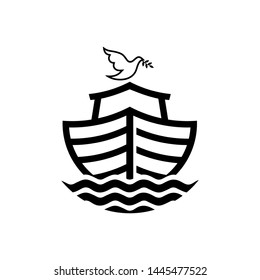 Logo of Noah's Ark. Dove with a branch of olive. Ship to rescue animals and people from the Flood. Biblical illustration.
