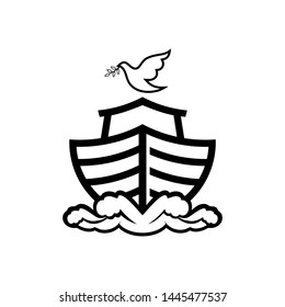 Logo of Noah's Ark. Dove with a branch of olive. Ship to rescue animals and people from the Flood. Biblical illustration.