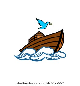 Logo of Noah's Ark. Dove with a branch of olive. Ship to rescue animals and people from the Flood. Biblical illustration.