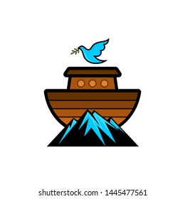 Logo of Noah's Ark. Dove with a branch of olive. Ship to rescue animals and people from the Flood. Biblical illustration.