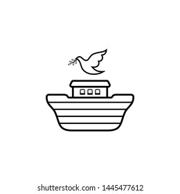 Logo of Noah's Ark. Dove with a branch of olive. Ship to rescue animals and people from the Flood. Biblical illustration.