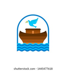 Logo of Noah's Ark. Dove with a branch of olive. Ship to rescue animals and people from the Flood. Biblical illustration.