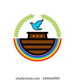 Logo of Noah's Ark. Rainbow - a symbol of the covenant. Dove with a branch of olive. Ship to rescue animals and people from the Flood. Biblical illustration.