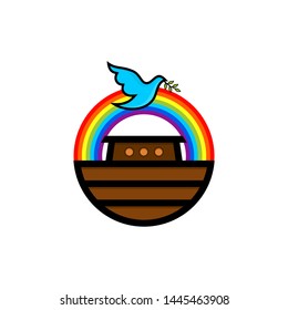 Logo of Noah's Ark. Rainbow - a symbol of the covenant. Dove with a branch of olive. Ship to rescue animals and people from the Flood. Biblical illustration.