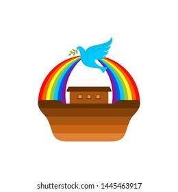 Logo of Noah's Ark. Rainbow - a symbol of the covenant. Dove with a branch of olive. Ship to rescue animals and people from the Flood. Biblical illustration.