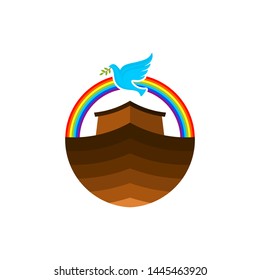 Logo of Noah's Ark. Rainbow - a symbol of the covenant. Dove with a branch of olive. Ship to rescue animals and people from the Flood. Biblical illustration.