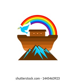 Logo of Noah's Ark. Rainbow - a symbol of the covenant. Dove with a branch of olive. Ship to rescue animals and people from the Flood. Biblical illustration.