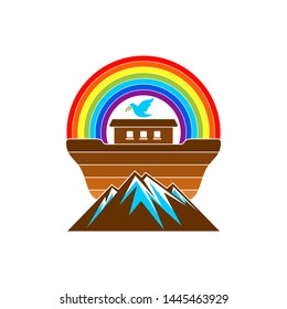 Logo of Noah's Ark. Rainbow - a symbol of the covenant. Dove with a branch of olive. Ship to rescue animals and people from the Flood. Biblical illustration.