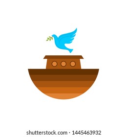 Logo of Noah's Ark. Rainbow - a symbol of the covenant. Dove with a branch of olive. Ship to rescue animals and people from the Flood. Biblical illustration.