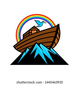 Logo of Noah's Ark. Rainbow - a symbol of the covenant. Dove with a branch of olive. Ship to rescue animals and people from the Flood. Biblical illustration.