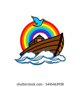 Logo of Noah's Ark. Rainbow - a symbol of the covenant. Dove with a branch of olive. Ship to rescue animals and people from the Flood. Biblical illustration.