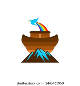 Logo of Noah's Ark. Rainbow - a symbol of the covenant. Dove with a branch of olive. Ship to rescue animals and people from the Flood. Biblical illustration.